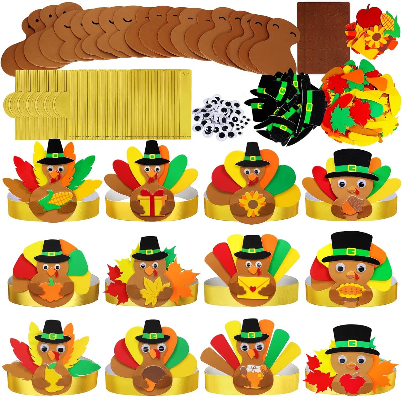24 Sets Thanksgiving Turkey Headbands – DIY Turkey Hats Craft Kits with Foam Feathers, Pilgrim Hats, Fall Leaves, Pumpkins, Googly Eyes for Kids Classroom, Parties, and Holiday Activities (red, orange, yellow, green, brown) 23 x 5 x 5 inches